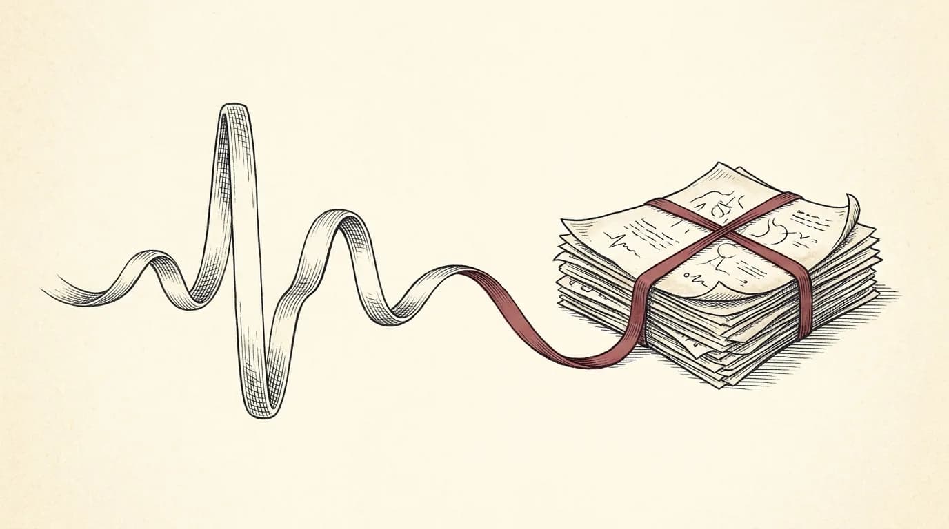 A heartbeat line weaving together with a bound bundle of medical documents into one record.
