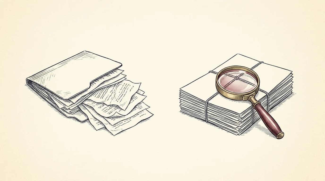 A folder spilling loose papers beside one neatly ordered stack being read with a magnifying glass.