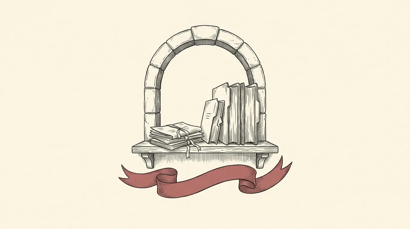 A stone archway over a shelf of neatly kept medical records.