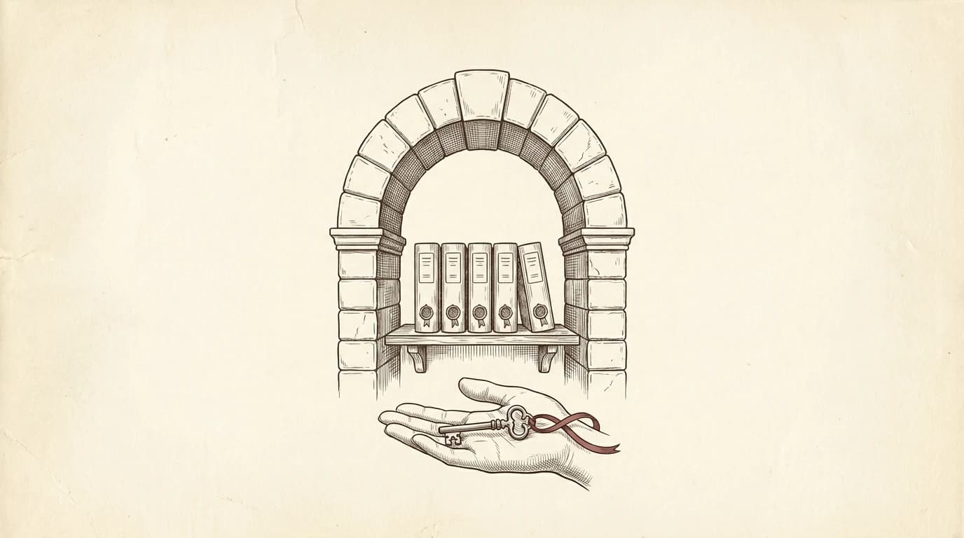 A single key resting in an open hand before a stone archway that shelters a row of sealed medical records.