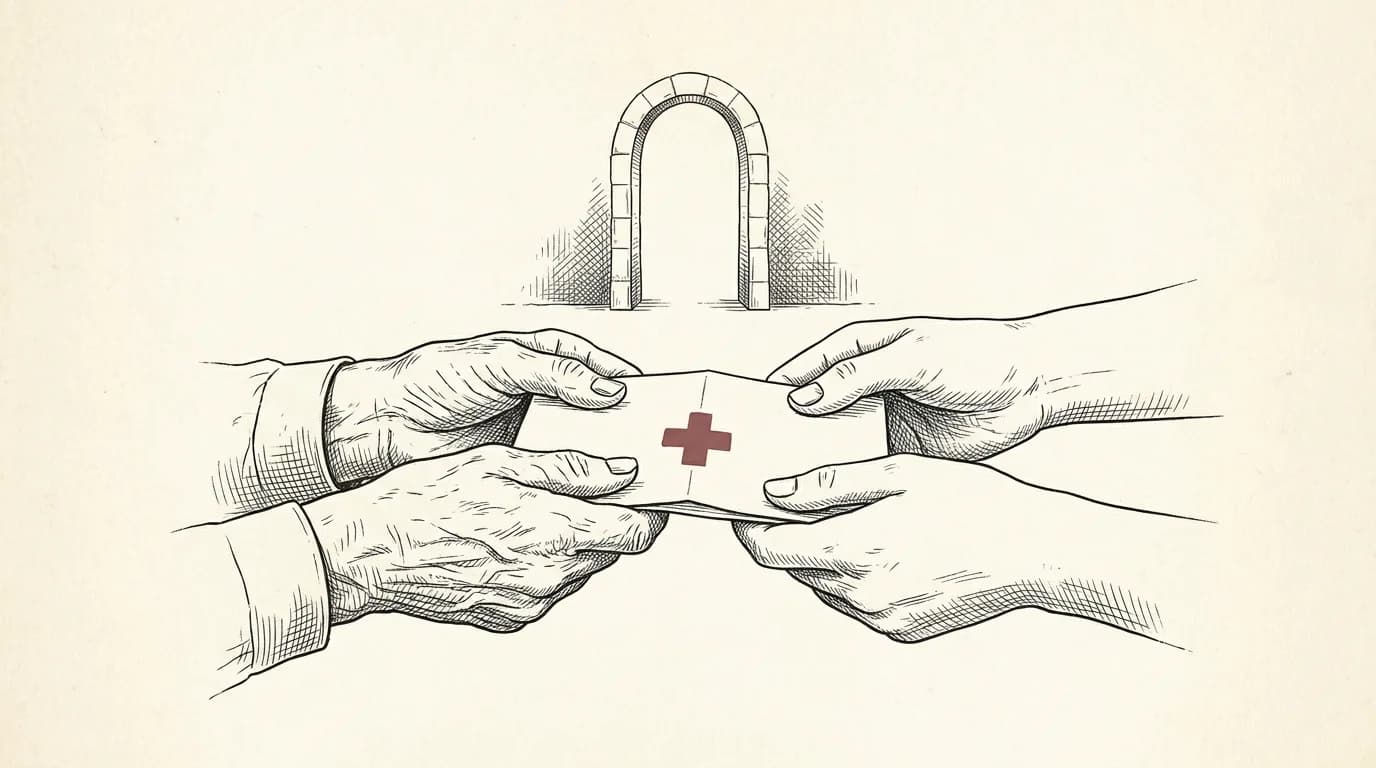 An older pair of hands and a younger pair gently holding a single medical record between them, before a stone archway.