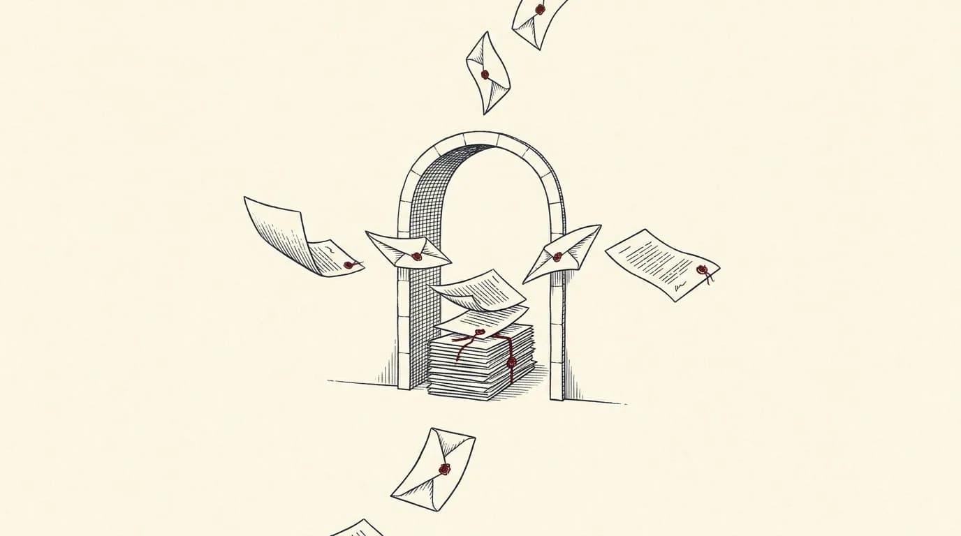 Medical records arriving from many directions and gathering into one ordered stack within a stone archway.